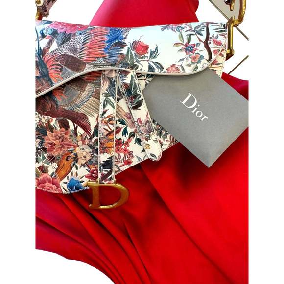 Dior Rare Floral and Bird Print Leather Saddle Bag Gold - Picture 3 of 9